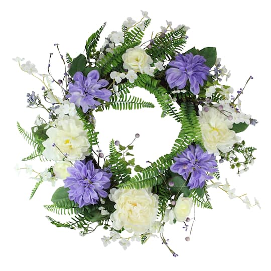 22&#x22; Purple &#x26; White Peony &#x26; Daisy Assorted Foliage Artificial Spring Wreath